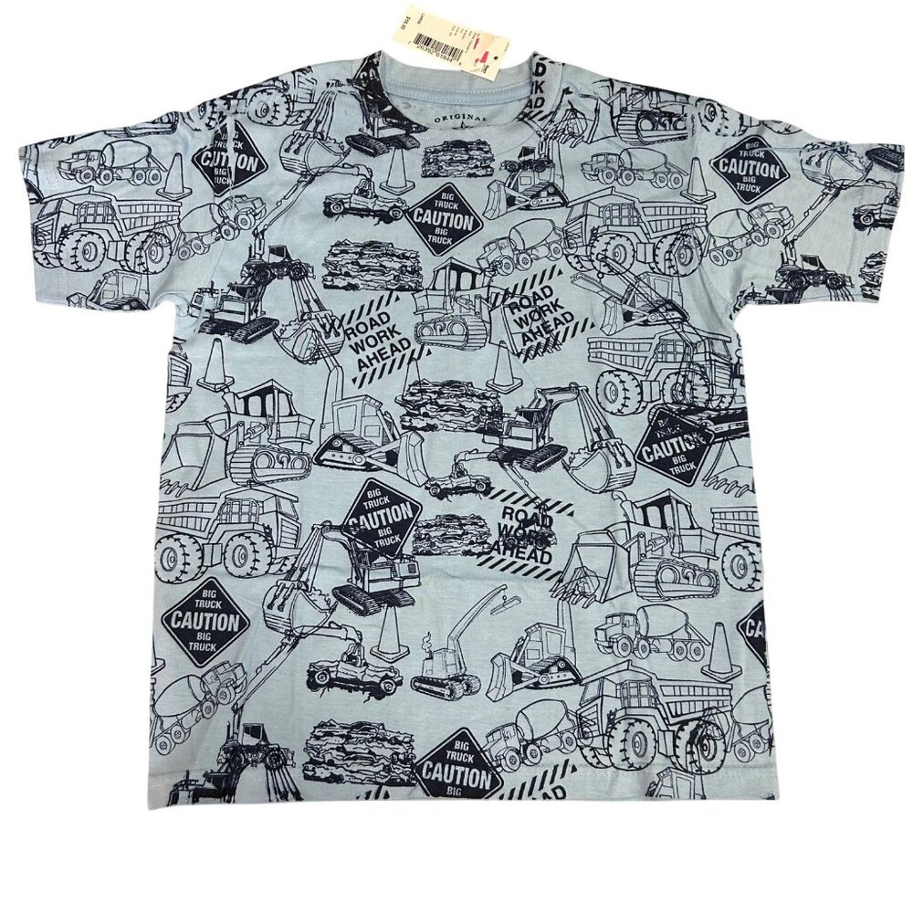 NEW Grey Star Boys Size L Caution Sign & Heavy Machine AOP Short Sleeve
